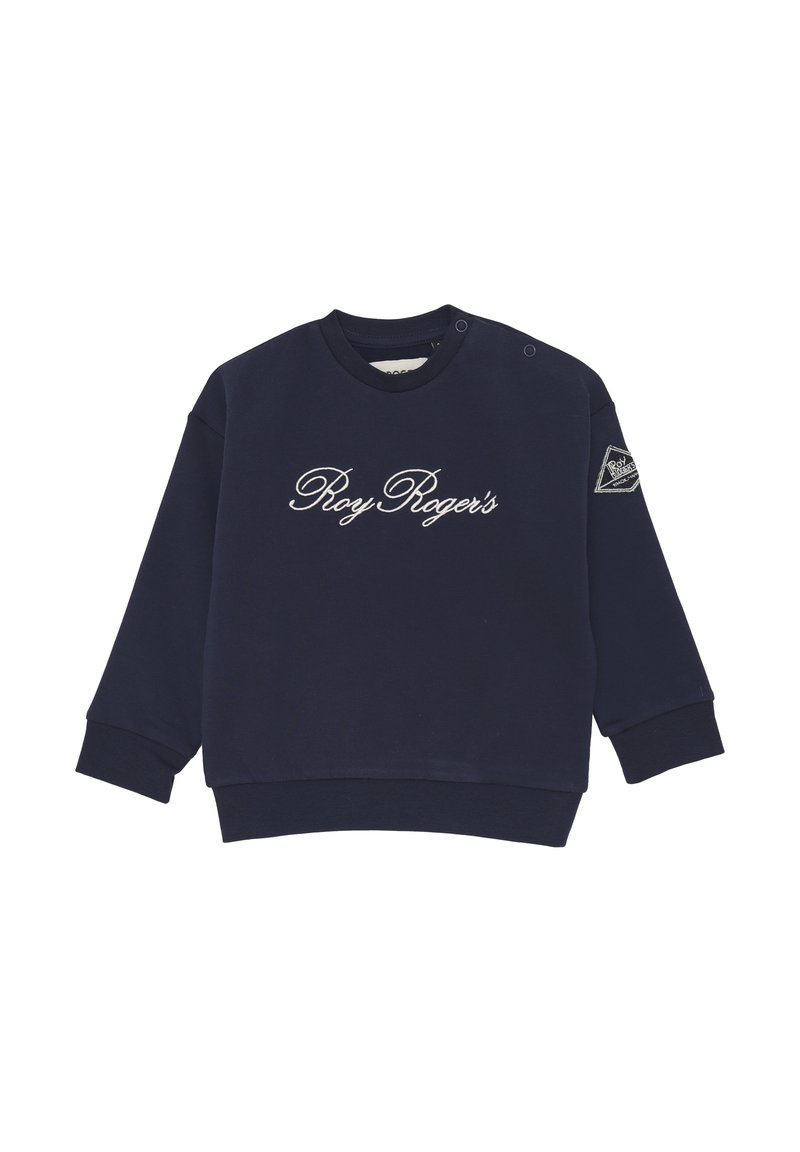 Felpa blu navy con maniche lunghe. Presenta un testo bianco ricamato "Roy Roger's" sul davanti e un'etichetta con logo sulla manica.