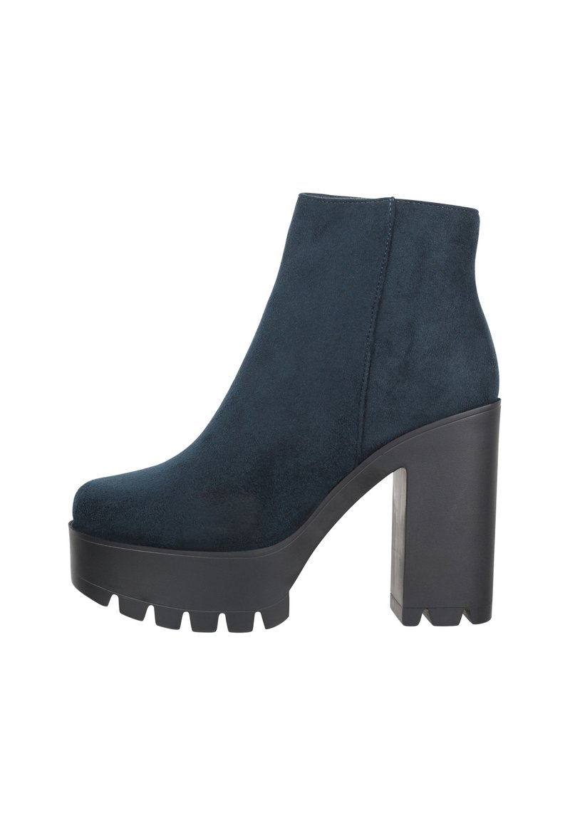 Mörkblå mocka ankelboots med kraftig svart plattform och hög blockklack, med en slät finish och rund tå.