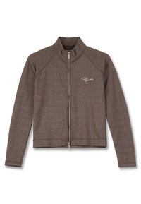 Rudas užtrauktuku užsisegantis džemperis, pagamintas iš juostelės audinio, su aukštu kaklu, ilgomis rankovėmis ir mažu baltu logotipu kairėje pusėje.