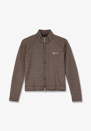 Rudas užtrauktuku užsisegantis džemperis, pagamintas iš juostelės audinio, su aukštu kaklu, ilgomis rankovėmis ir mažu baltu logotipu kairėje pusėje.