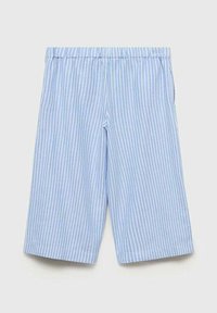 Shorts rayés bleu clair avec une taille élastique, fabriqués à partir d'un tissu léger. Présentent des rayures blanches verticales et des poches latérales.