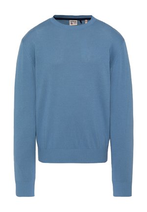 Pull tricot à col rond bleu à manches longues avec poignets et ourlet côtelés, présentant une petite étiquette de marque à l'intérieur du col.