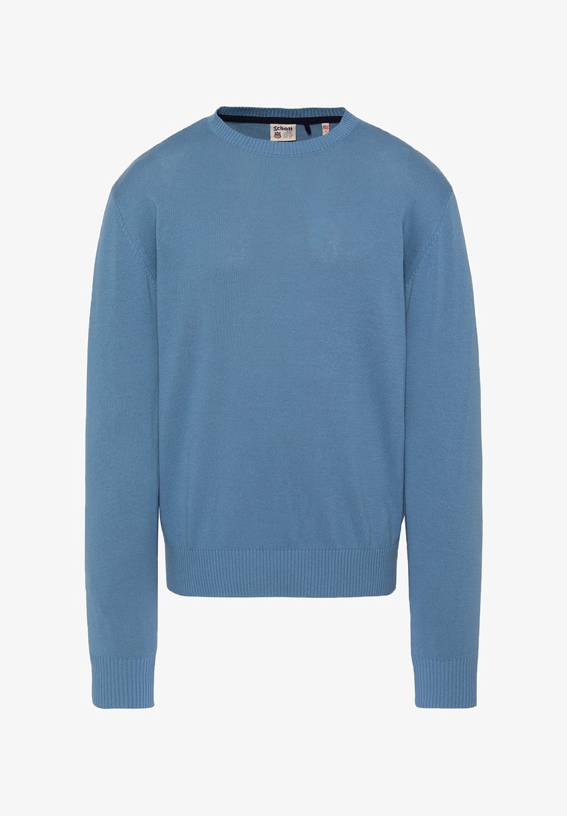 Pull tricot à col rond bleu à manches longues avec poignets et ourlet côtelés, présentant une petite étiquette de marque à l'intérieur du col.