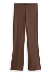 Hnědé elastické kalhoty s rozšířením, hladkým povrchem a elastickým pasem. Žádné viditelné vzory ani kování. Jednoduchý, celoplošný design.