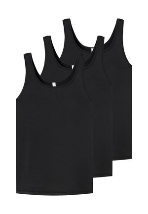 Ensemble de quatre débardeurs noirs sans manches à encolure dégagée, disposés en chevauchement sur un fond blanc.