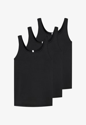 Ensemble de quatre débardeurs noirs sans manches à encolure dégagée, disposés en chevauchement sur un fond blanc.