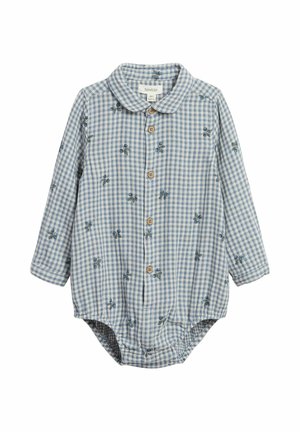Blauw-wit geruit babyrompertje met lange mouwen, houten knopen en kleine geborduurde blauwe bloemdetails, maat 80.