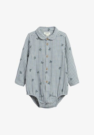 Niebiesko-biała koszulka niemowlęca w kratkę z długim rękawem, zapinana na drewniane guziki, z małymi niebieskimi haftowanymi kwiatowymi akcentami, rozmiar 80.