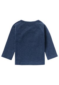 Mørkeblå ribbede langærmede t-shirt med rund hals, raglanærmer og lige kant. Stofteksturen ser blød og strækbar ud.