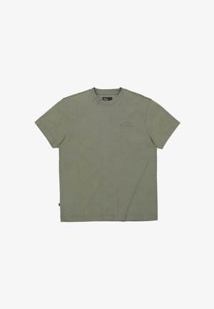 Olivgrünes Baumwoll-T-Shirt mit kurzen Ärmeln, Rundhalsausschnitt und abgesteppten Details. Mit kleinem Textlogo auf der oberen linken Seite.