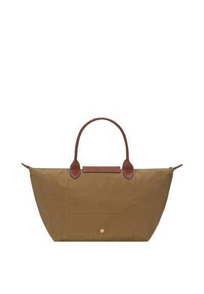 Large olive green tote bag with brown leather handles and flap, rectangular shape with a gold button detail on the front.