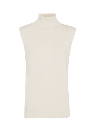 Ärmelloser cremefarbener Strickpullover mit Rippenkragen und Saum.