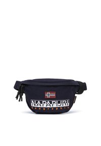 Marinefarbener Stoff-Gürteltasche mit verstellbarem Riemen, ausgestattet mit einem norwegischen Flaggenpatch und dem auffälligen "NAPAPIJRI geographical" Logo in Weiß und Orange.