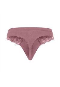 Sichere, mauve Unterhose mit Spitzenbesatz und nahtlosen Kanten sowie einem V-förmigen Vorderteil. Weicher Stoff mit floralem Muster auf der Rückseite.