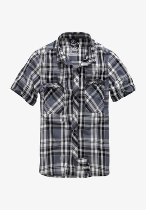 Kurzärmeliges kariertes Hemd in Grau- und Schwarztönen, mit zwei Brusttaschen und einem Button-Down-Kragen. Leichter Stoff mit strukturierter Oberfläche.