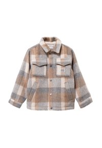 Giacca in misto lana a quadri con una combinazione di colori beige, grigio e bianco. Due tasche sul petto, chiusure a bottone e collo.