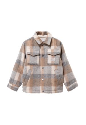 Gelaagde wollen blazer in een beige, grijze en witte kleurenschema. Twee borstzakken, knoopsluitingen en een kraaglijn.