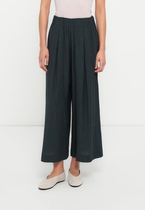 Grüne, plissierte Wide-Leg-Hose mit hohem Bund aus leichtem Stoff. Kombiniert mit grauen Slip-on-Schuhen.
