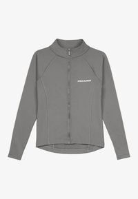 Pilkas užtrauktukas striukė su aukštu apykakle, pasižyminti kontrastingomis siūlėmis ir logotipu kairėje krūtinės pusėje. Pagaminta iš lygios, tamprios medžiagos.