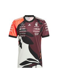 Maglia da corsa in nero, bianco e rosso, con grandi grafiche floreali, maniche a blocchi di colore e numerosi loghi di sponsor.