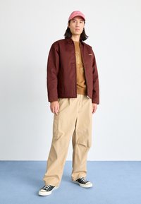 Maroon jacka med krage, brun grafisk sweatshirt, beiga cargobyxor och svarta sneakers. Kappan är ljusrosa med broderad text.