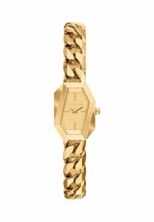 Gold-toned Michael Kors watch with hexagonal face, minimalist dial, and chunky linked bracelet band.
