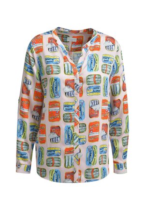 Long-sleeve button-up shirt with colorful vintage-style sardine can illustrations on a pale pink background.