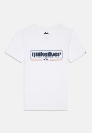White cotton t-shirt featuring a blue and red Quiksilver logo on the front. Classic crew neck and short sleeves.