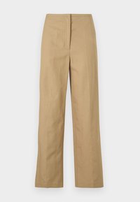 Pantaloni beige a gamba dritta con frontale piatto, tasche laterali e un tessuto liscio e leggero. Nessun motivo visibile o dettagli hardware.