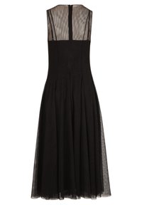 Schwarzes Kleid mit einem transparenten Netzrücken, ärmellosem Design, A-Linien-Silhouette und gerafften Falten an der Taille, ausgestattet mit einem verdeckten Reißverschluss.