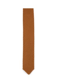 Gestickte Krawatte in einem warmen, tiefen Orangeton. Verfügt über ein strukturiertes Muster mit schmaler Breite und spitzem Ende für ein elegantes Erscheinungsbild.