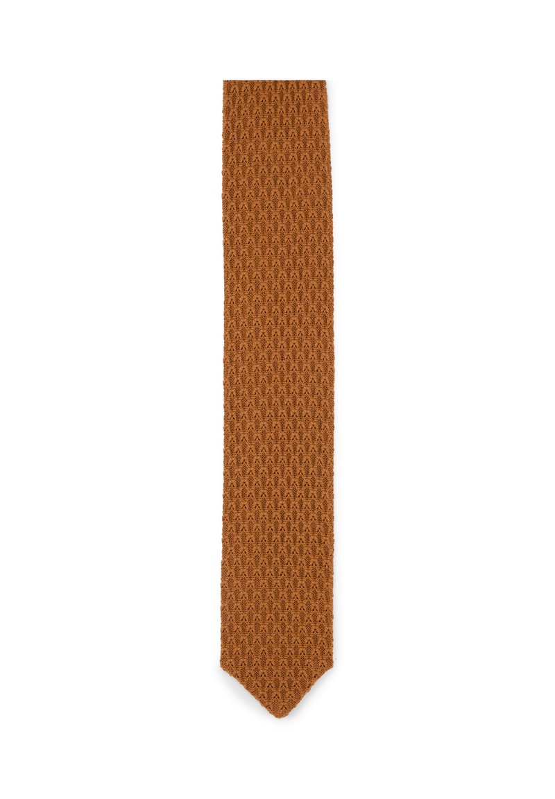 Gestickte Krawatte in einem warmen, tiefen Orangeton. Verfügt über ein strukturiertes Muster mit schmaler Breite und spitzem Ende für ein elegantes Erscheinungsbild.