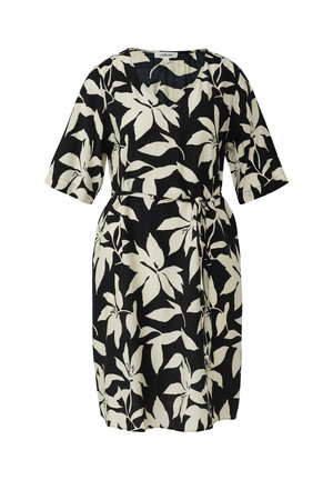 Black dress with beige large leaf print, elbow-length sleeves, V-neck, and waist tie belt, knee-length style.