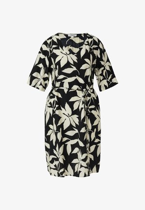 Black dress with beige large leaf print, elbow-length sleeves, V-neck, and waist tie belt, knee-length style.