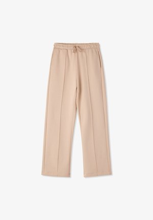 Pantaloni a gamba larga color beige chiaro con coulisse in vita, caratterizzati da pieghe frontali e una texture liscia, progettati per un comfort ottimale.