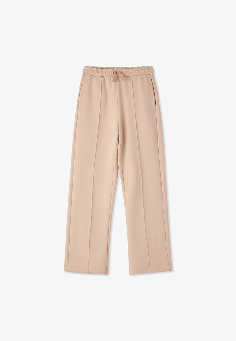 Pantaloni a gamba larga color beige chiaro con coulisse in vita, caratterizzati da pieghe frontali e una texture liscia, progettati per un comfort ottimale.