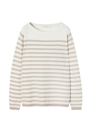 Sweter w paski w kolorze kremowym i jasnobeżowym, dzianinowy materiał, dekolt łódka, długie rękawy, posiada poziome paski, ściągacze na mankietach i u dołu.