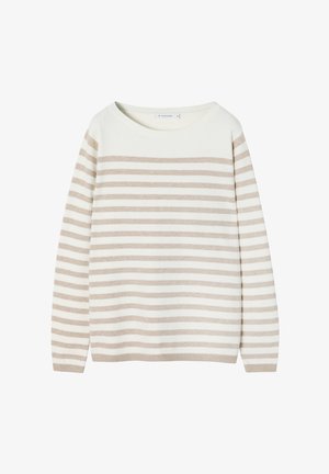 Striped sweater in cream and light beige, knitted fabric, boat neckline, long sleeves, features horizontal stripes, ribbed cuffs and hem.