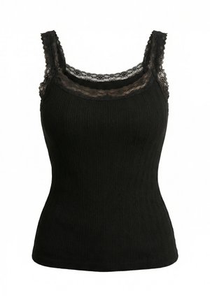 Haut noir côtelé sans manches avec bordure en dentelle le long de l'encolure et des bretelles, silhouette ajustée.