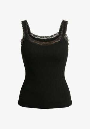 Haut noir côtelé sans manches avec bordure en dentelle le long de l'encolure et des bretelles, silhouette ajustée.