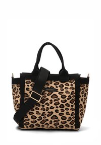 Bolsa tote con estampado de leopardo y detalles en negro, con dos asas y una correa ajustable. Fabricada con un tejido de superficie texturizada.