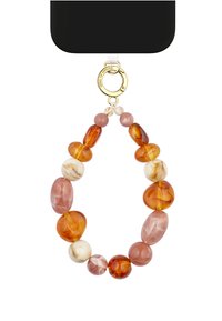 Sleutelhanger met kralen, bestaande uit ovale en ronde kralen in amber-, perzik- en crèmetinten, afgewerkt met een metalen clip in goudkleur en een transparante band.