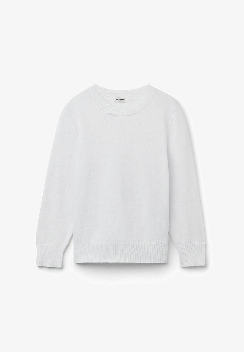 Biały sweter dziewiarski z okrągłym dekoltem i długimi rękawami. Żebrowane mankiety i dół, miękka faktura, minimalistyczny design. Etykieta marki widoczna na dekolcie.