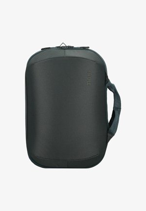 Thule tas in donkergrijs, gemaakt van duurzaam materiaal, heeft een gestroomlijnde rechthoekige vorm, een handvat bovenop en een soepele ritssluiting.