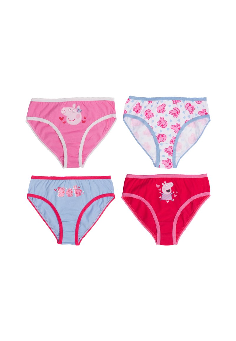 Quattro paia di mutandine per bambini in rosa e blu. Ognuna presenta diversi stampati di maialini dei cartoni animati. Materiale in cotone, con cintura elastica, vari design.