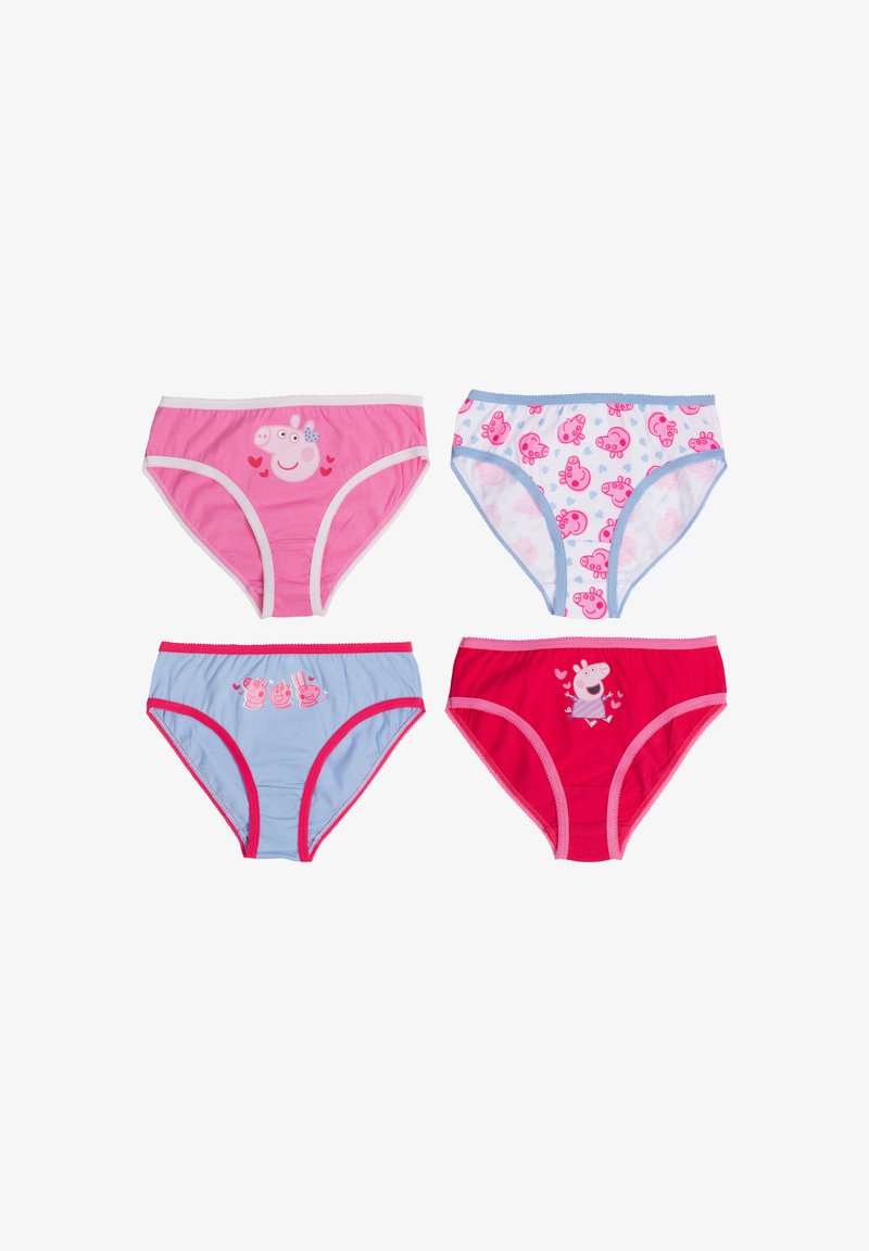 Quattro paia di mutandine per bambini in rosa e blu. Ognuna presenta diversi stampati di maialini dei cartoni animati. Materiale in cotone, con cintura elastica, vari design.