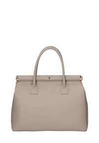 Beige leren handtas met twee ronde handvatten, gestructureerde vorm en gouden hardware accenten. Getextureerd oppervlak zonder zichtbare patronen.