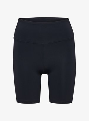 Czarne dopasowane szorty wykonane z elastycznego materiału z szerokim pasem. Posiadają płaskie szwy dla komfortu i gładkiej tekstury.