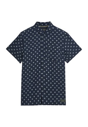 Camicia blu navy a maniche corte con bottoni, con piccoli motivi bianchi di sole e cerchi e taschino sul petto sul lato sinistro.