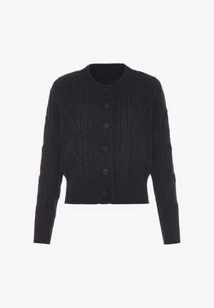 Schwarze Strickjacke aus Kabelstrick mit langen Ärmeln, rundem Ausschnitt, geripptem Saum und sechs großen Frontknöpfen.